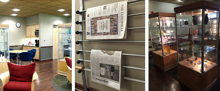 Collage of the faculty lounge, newspapers on a rack, and glass display cases with decorative objects.